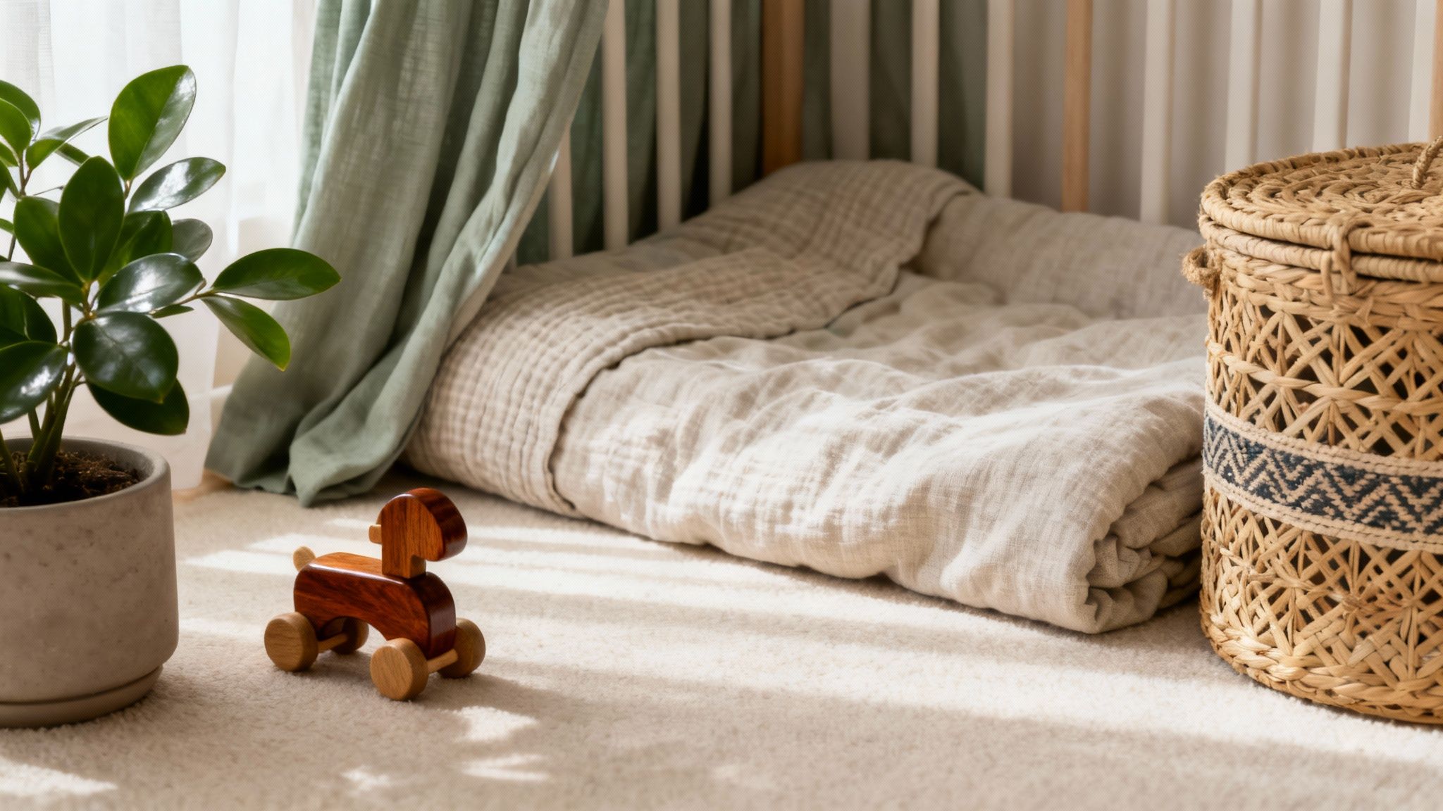 Gezellige kinderkamer met vloermatras, kamerplant, houten speelgoed en rieten mand in zonnige sfeer.