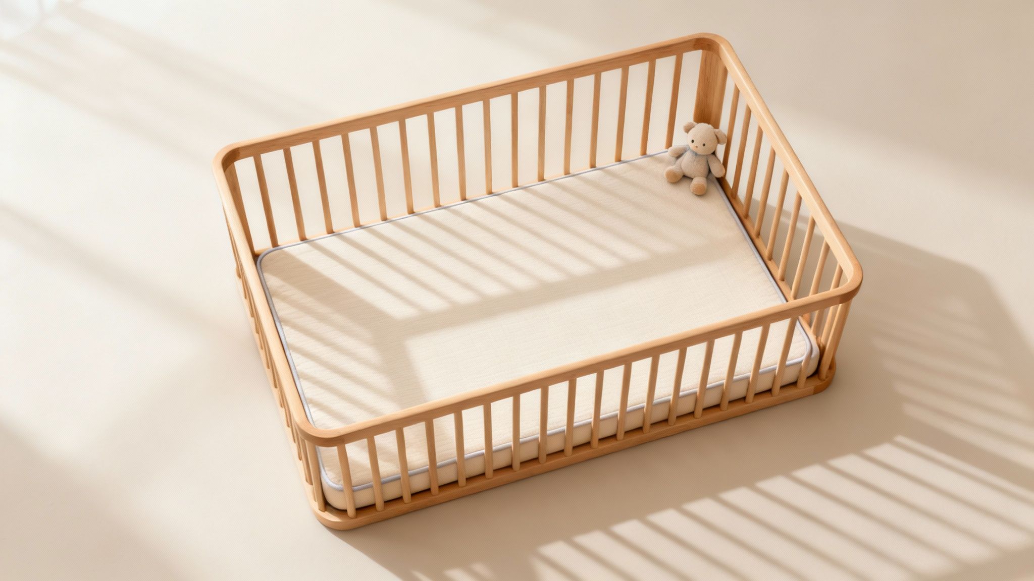 Licht houten babybedje met matras en een kleine teddybeer, met streepvormige schaduwen erop.