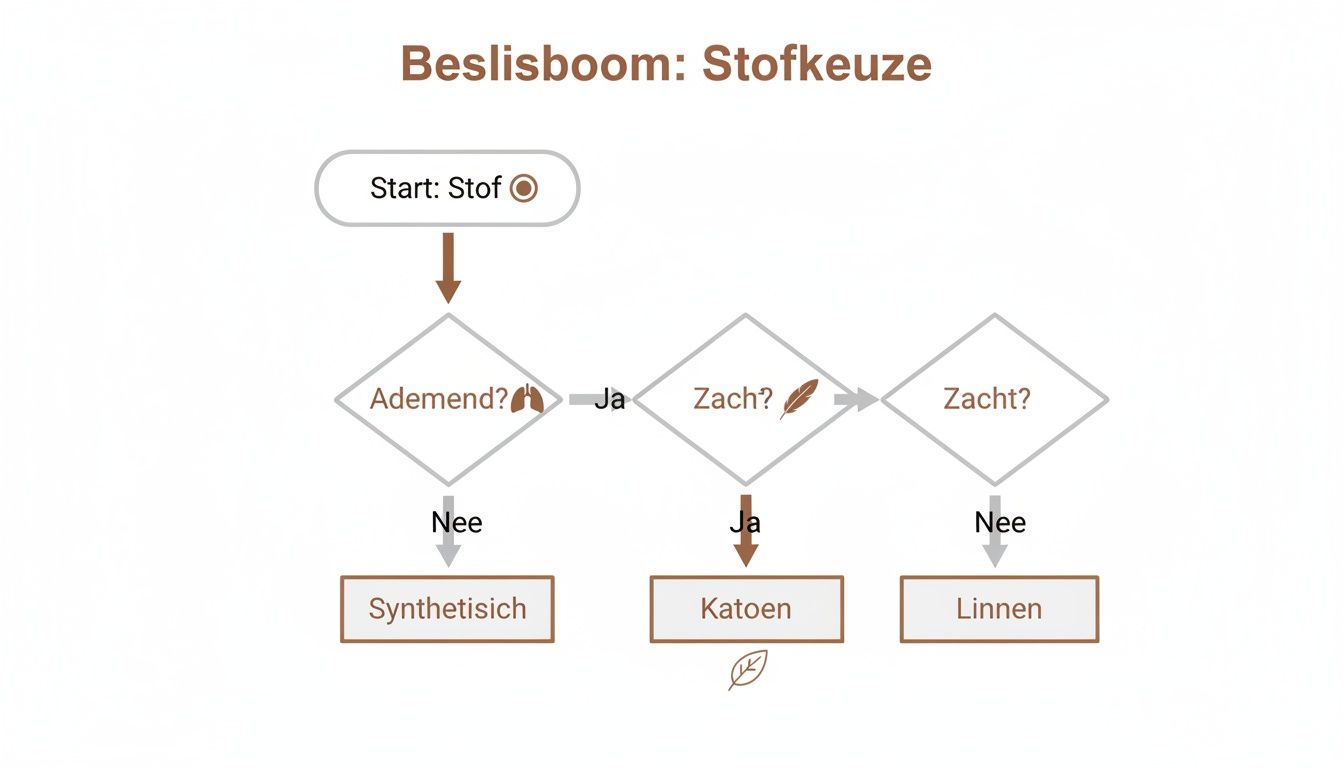 Beslisboom voor stofkeuze. Vraagt of het ademend en zacht is om te kiezen tussen synthetisch, katoen of linnen.