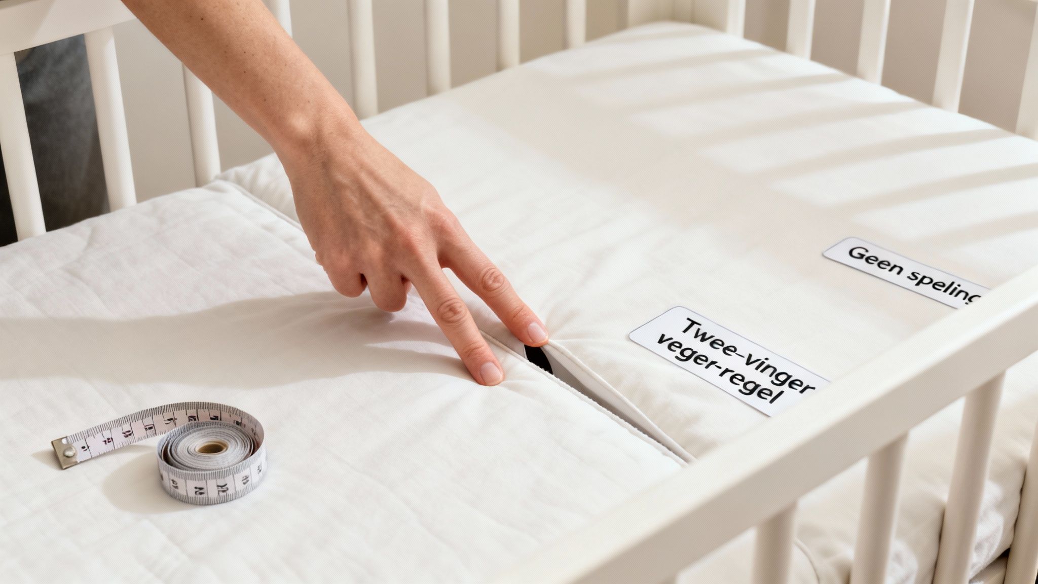 Hand demonstreert veilige pasvorm van een babybedmatras met de twee-vinger veegregel. Meetlint aanwezig.