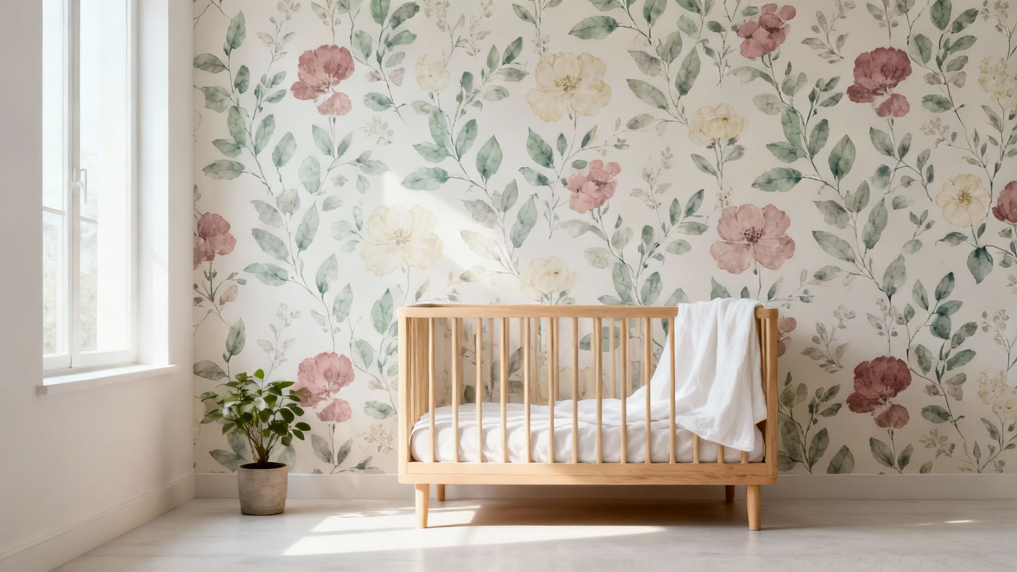 Een sfeervolle babykamer met bloemenbehang, een houten wieg en een plantje naast een raam.