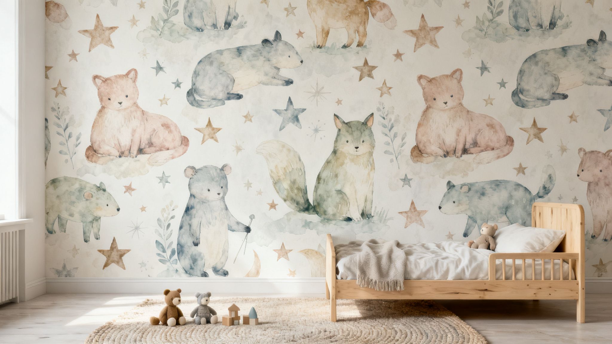 Kinderkamer met waterverfbehang van schattige bosdieren en sterren, een houten bed en speelgoedberen.