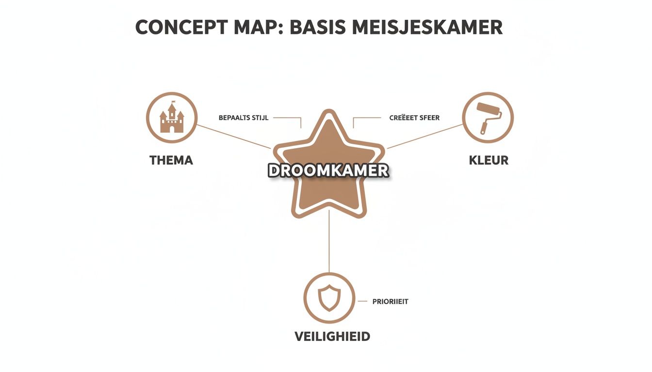Concept map voor een basis meisjeskamer, met droomkamer als centraal punt, verbonden met thema, kleur en veiligheid.