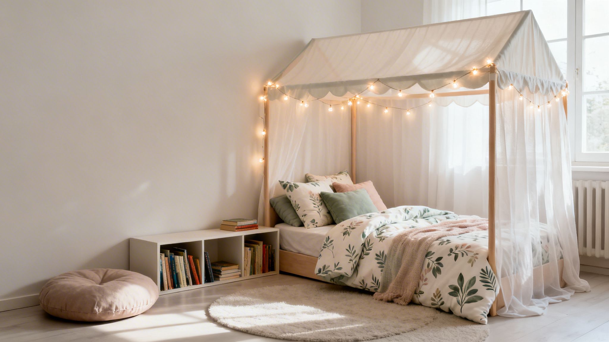 Gezellige kinderkamer met hemelbed, sfeervolle verlichting, bloemrijk beddengoed, een boekenkast en een zacht kussen.