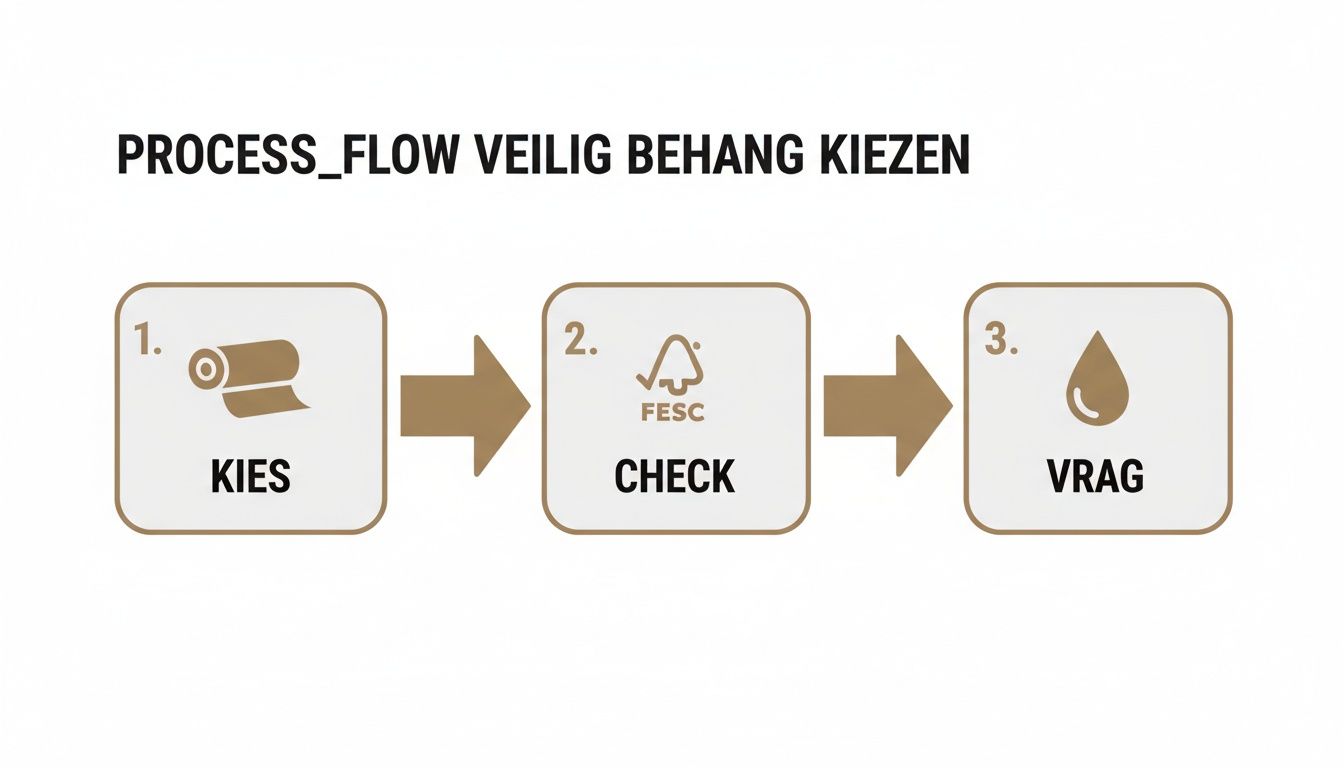 Stroomdiagram voor het veilig kiezen van behang, met stappen zoals 'Kies', 'Check (FSC)' en 'Vraag'.