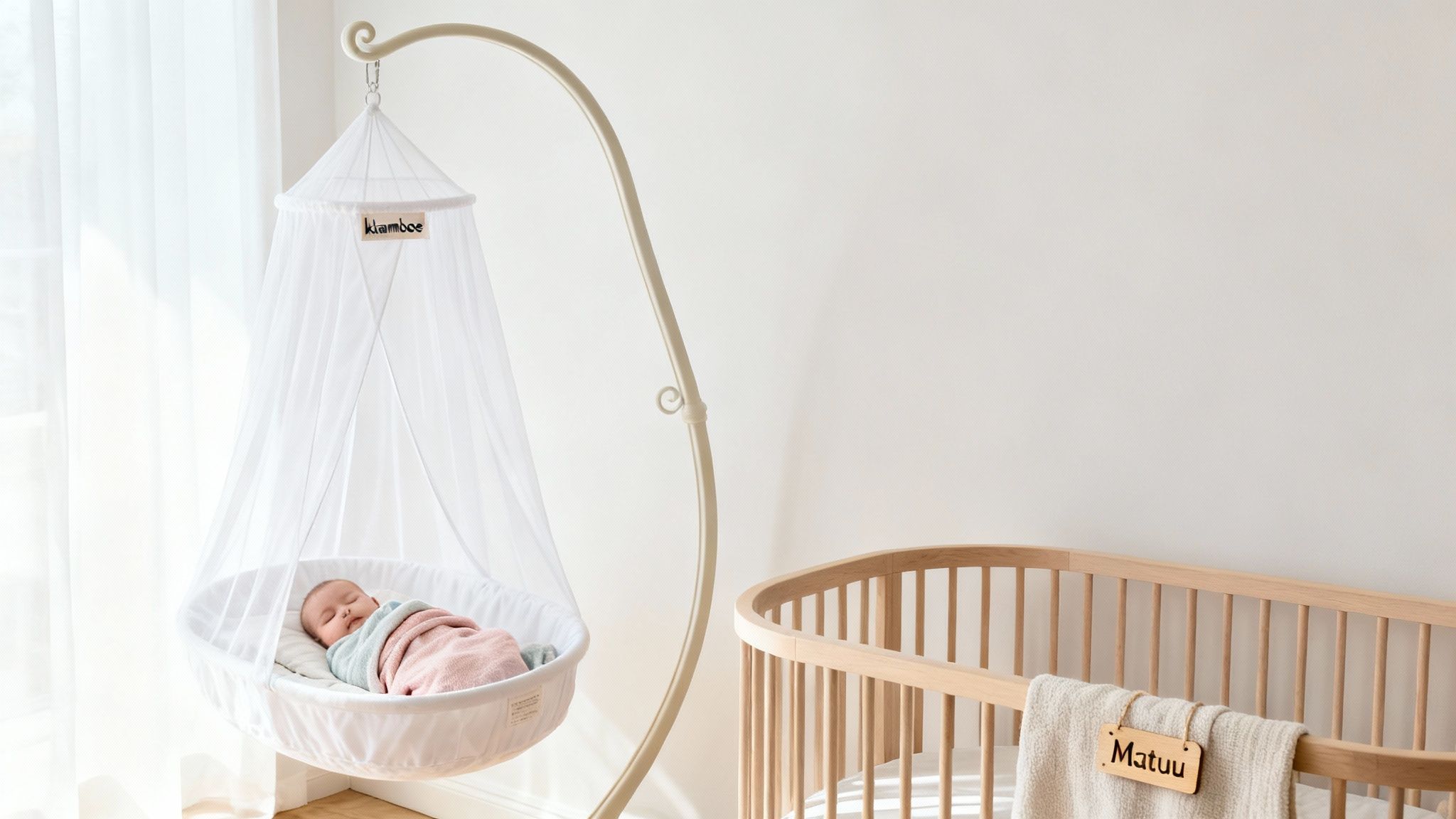 Een slapende baby in een hangwieg met klamboe, naast een houten ledikant met de naam Matuu.
