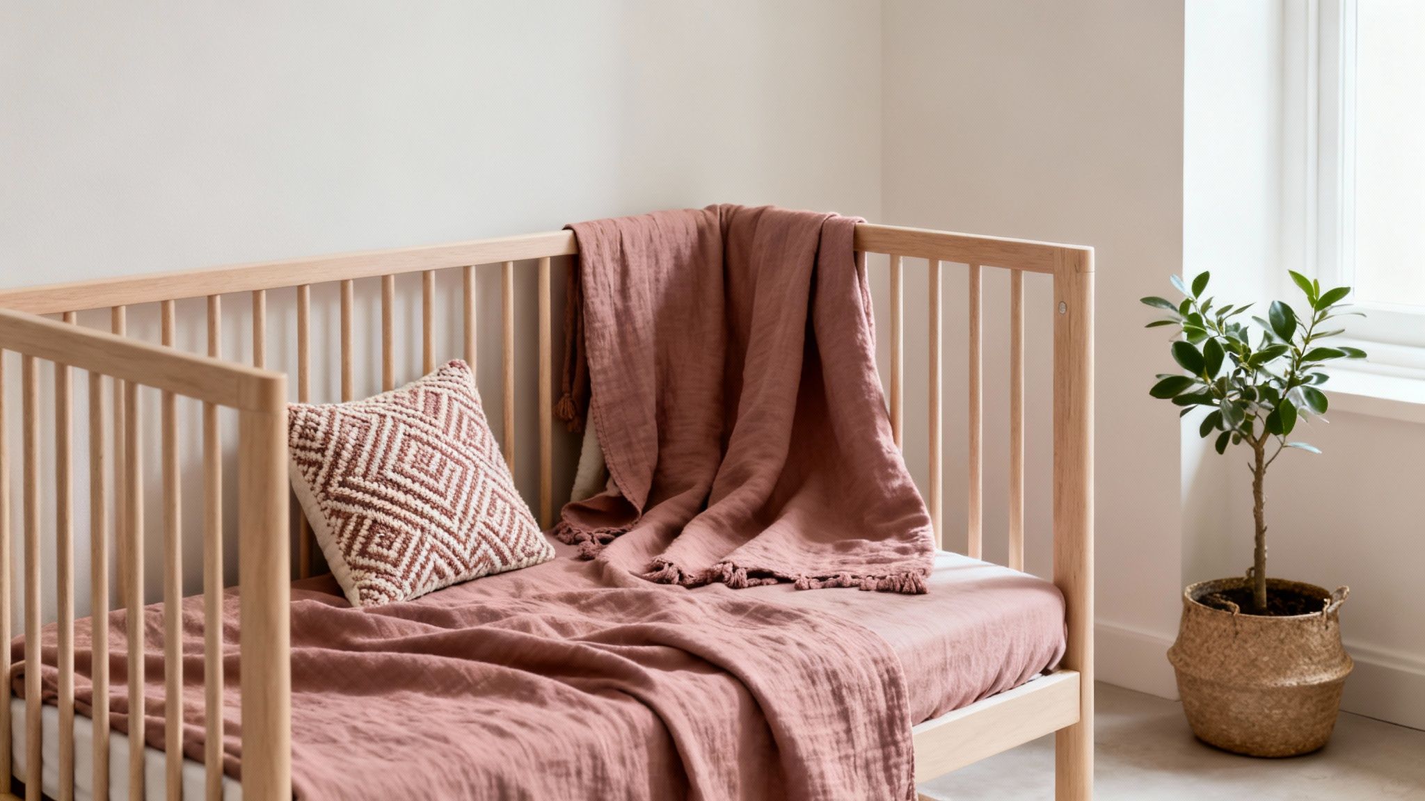 Houten babybedje met roze linnengoed en een decoratief kussen, naast een plant in een rieten mand.