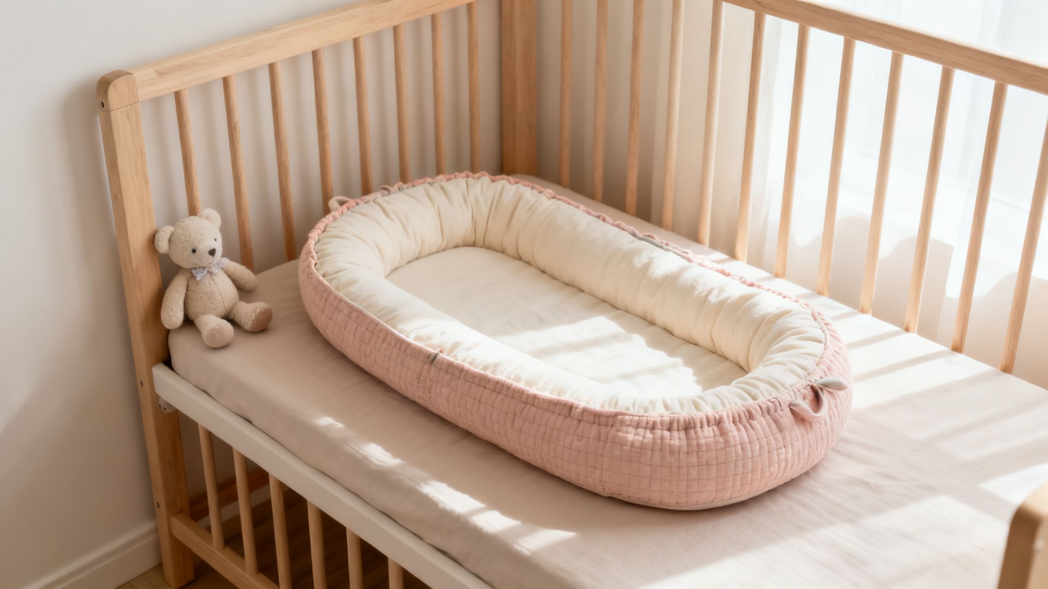 Een lichte houten babywieg met een roze babynestje en een knuffelbeer. Zonnig en rustgevend.