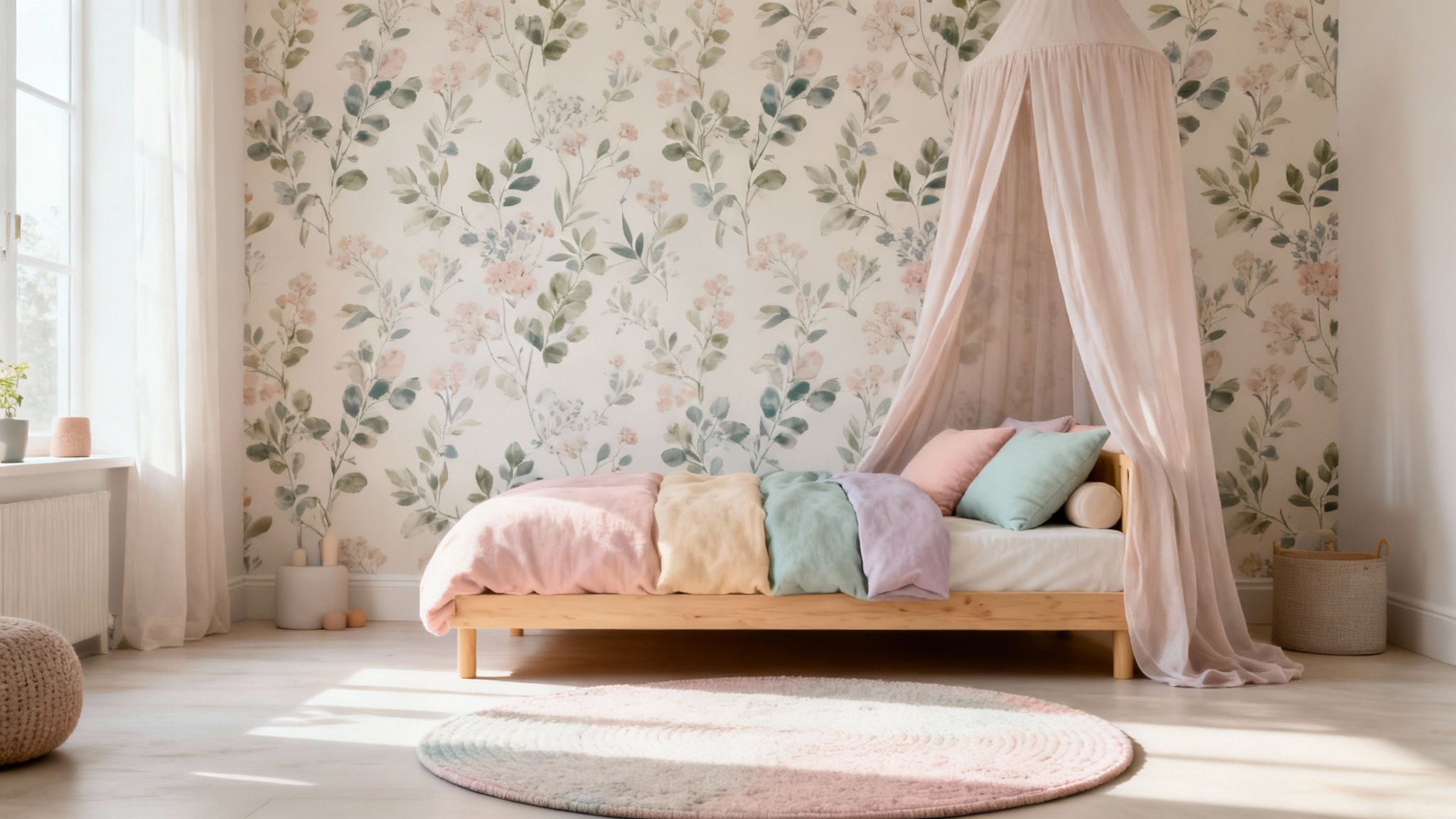 Zonnige kinderkamer met bloemenbehang, een houten bed met kleurrijk beddengoed en een hemeltje, en een rond vloerkleed.