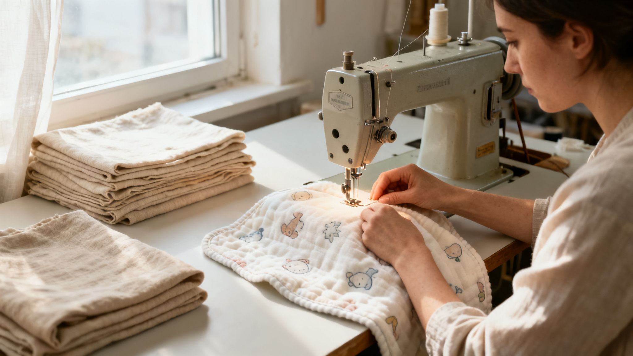 Een vrouw naait met een naaimachine aan een wit doekje met patronen, omringd door stapels duurzame stof.