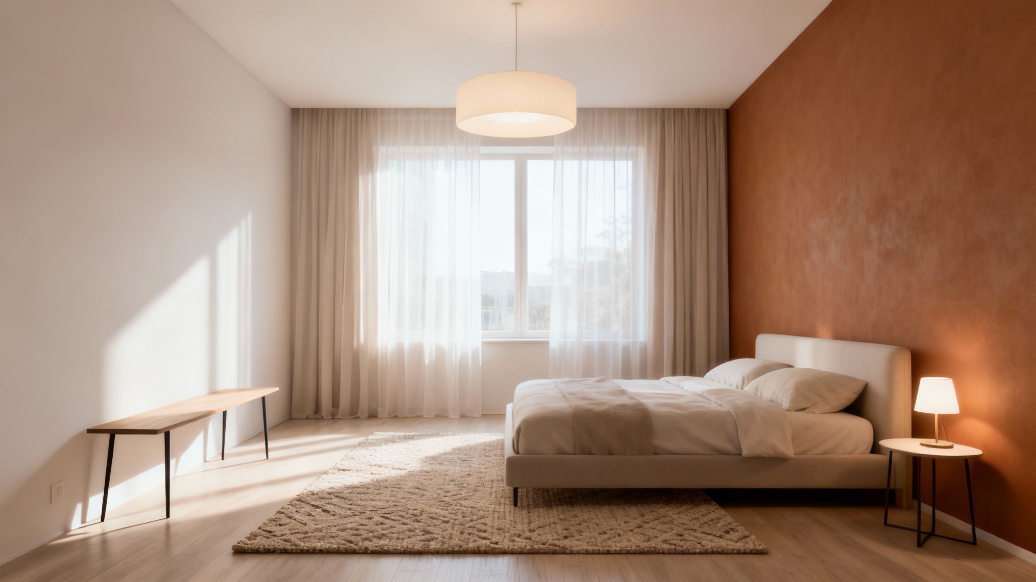 Lichte, moderne slaapkamer met een beige bed, oranje accentmuur, grote ramen met witte gordijnen en een houten bankje.