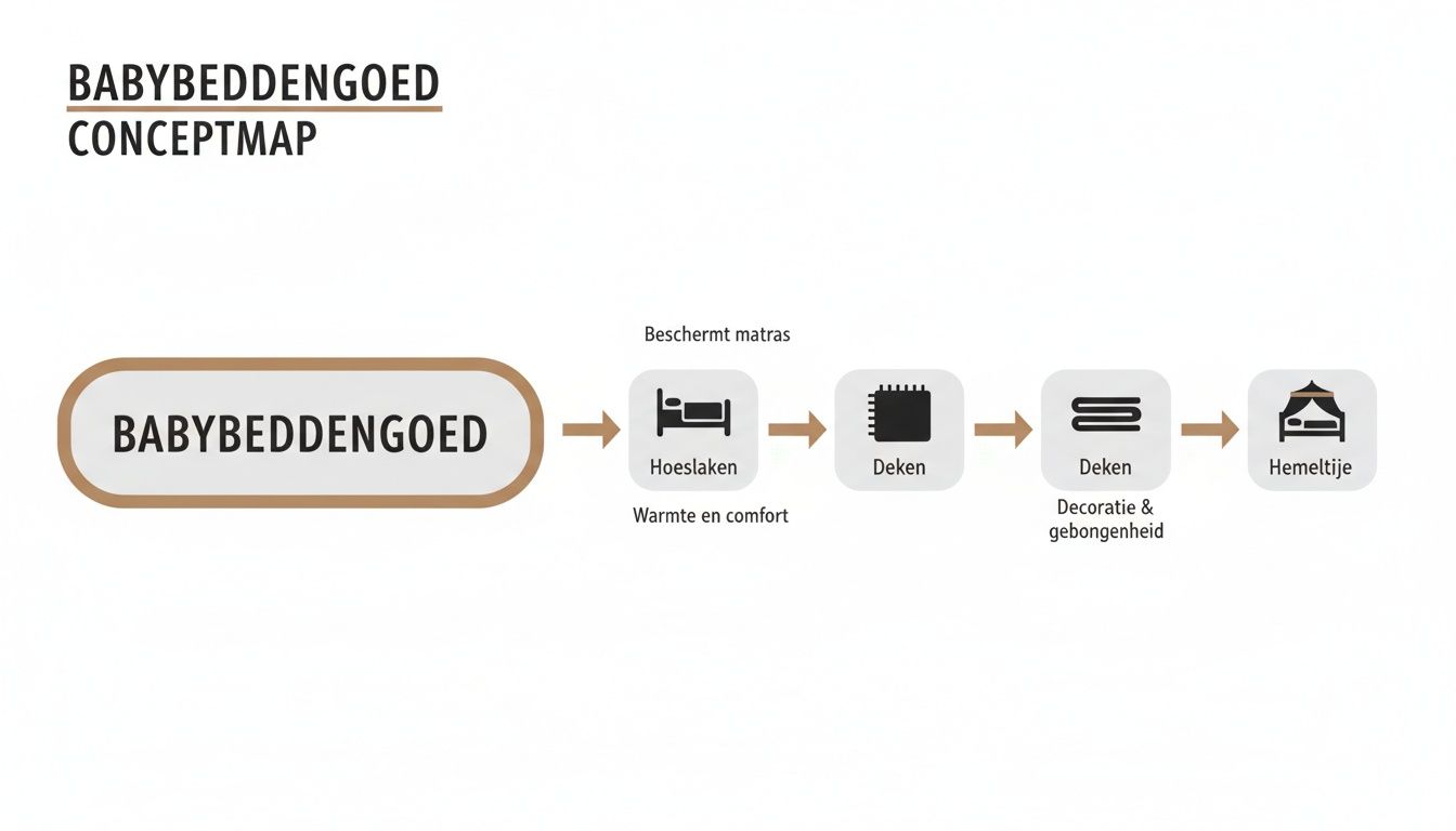 Conceptkaart van babybeddengoed, inclusief hoeslakens voor matrasbescherming, dekens voor warmte en comfort, en een hemeltje.