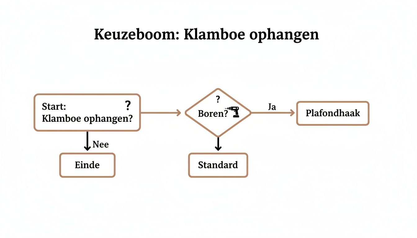 Een stroomdiagram over het ophangen van een klamboe, met keuzes voor boren of het gebruik van een standaard.