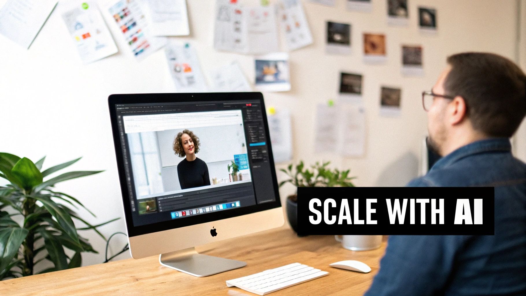 Man editing video of a woman on an iMac computer, in an office with 'SCALE WITH AI' overlay.
