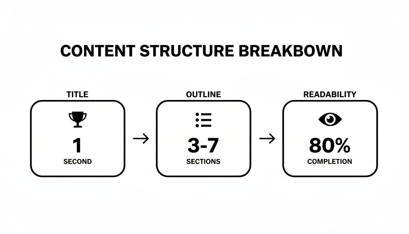 A content structure breakdown flowchart illustrating title, outline sections, and readability completion percentages.