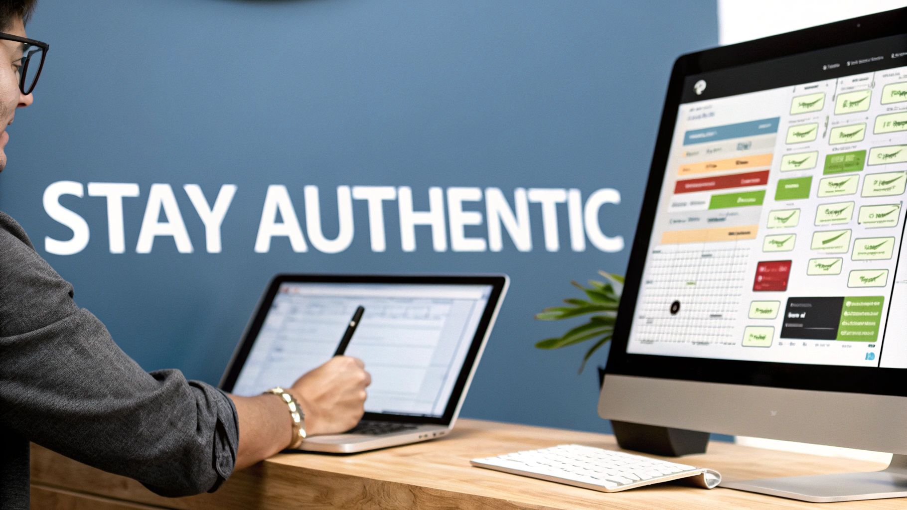 A person uses a pen on a laptop, next to a large monitor displaying a dashboard, with "STAY AUTHENTIC" on the wall.