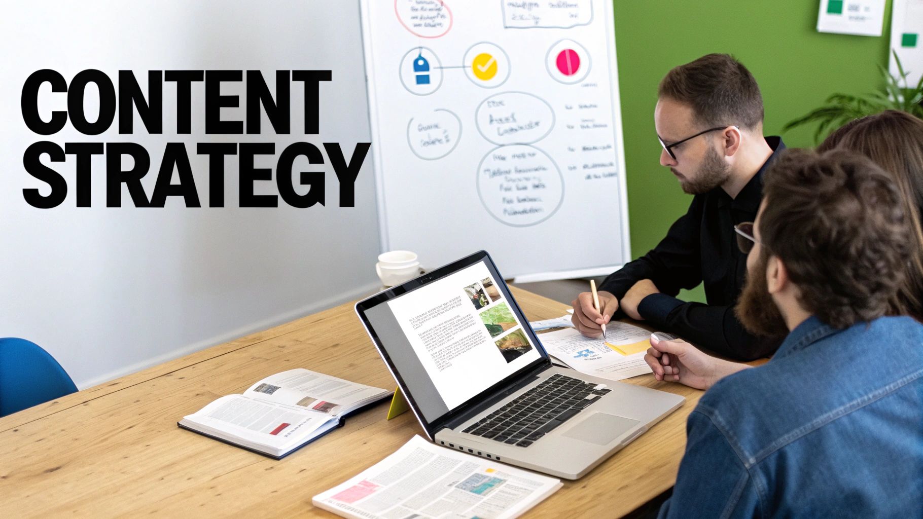 Team collaborating on content strategy in a modern office, with a whiteboard, laptop, and notes.