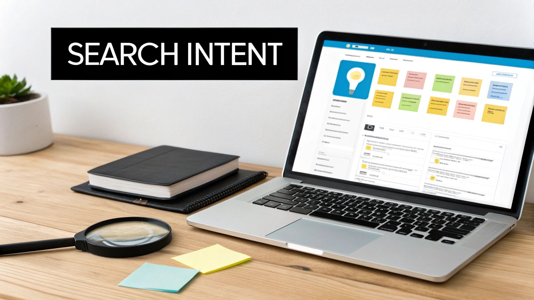 A desk with a laptop displaying web content, notebooks, and a magnifying glass, featuring 'SEARCH INTENT' text.