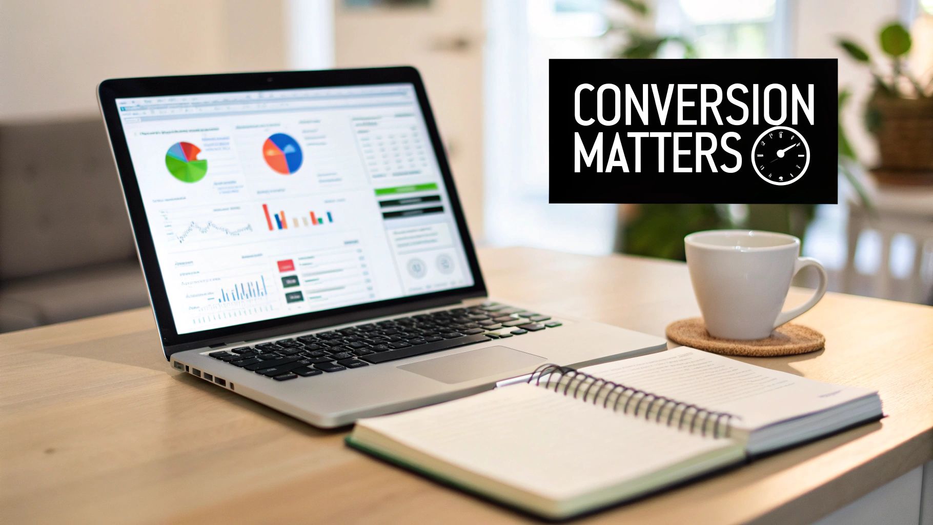 Laptop displaying conversion analytics and charts, with a notebook and coffee, and 'CONVERSION MATTERS' text.