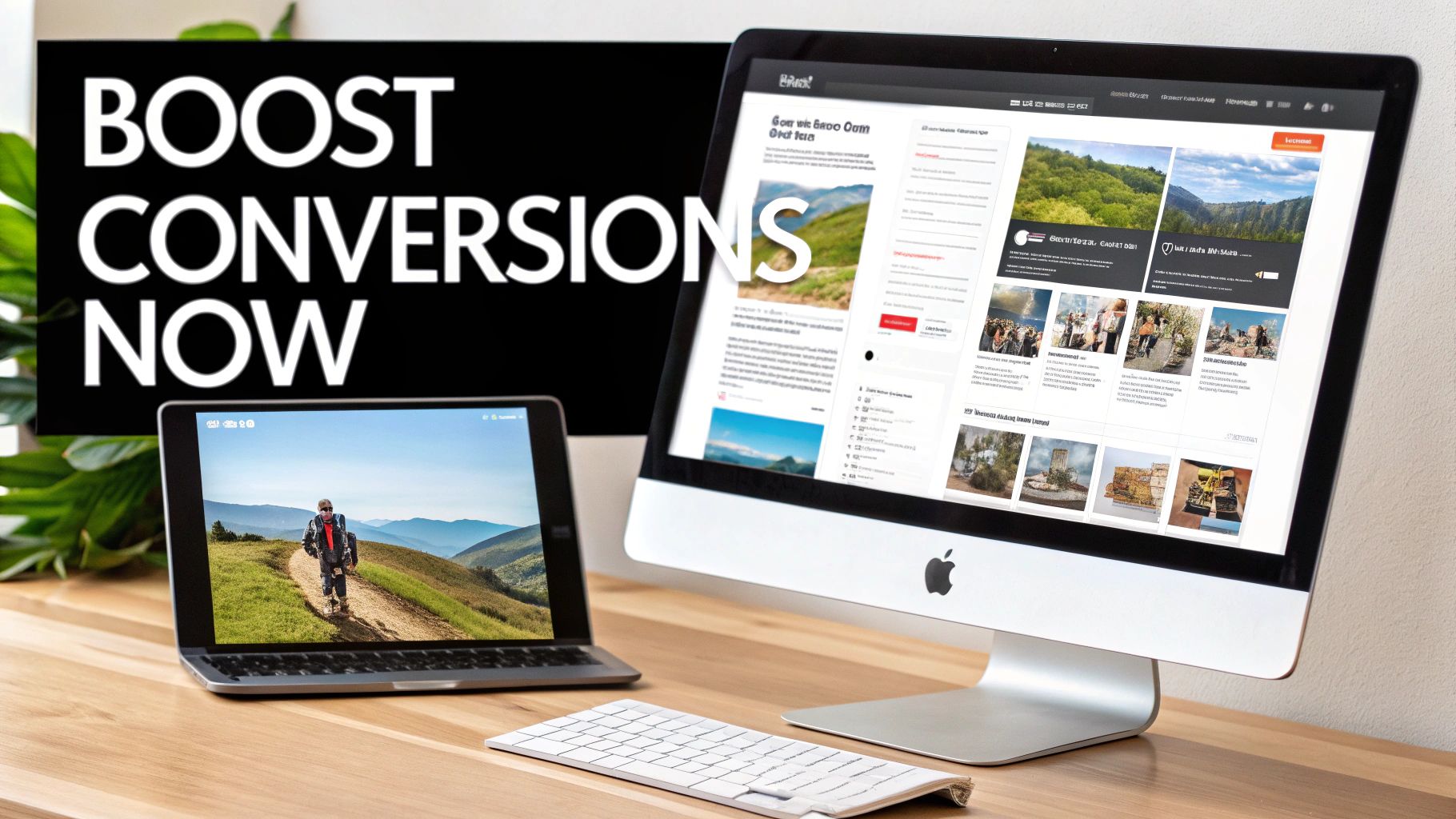 A desktop monitor and laptop on a wooden desk, with a 'Boost Conversions Now' sign in the background.
