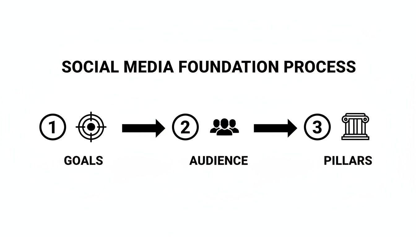 A social media foundation process flowchart outlining three key steps: Goals, Audience, and Pillars.