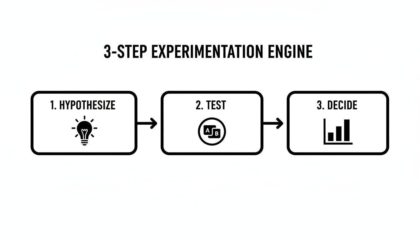 A diagram outlining a 3-step experimentation engine: hypothesize (lightbulb), test (A/B icon), and decide (bar chart).