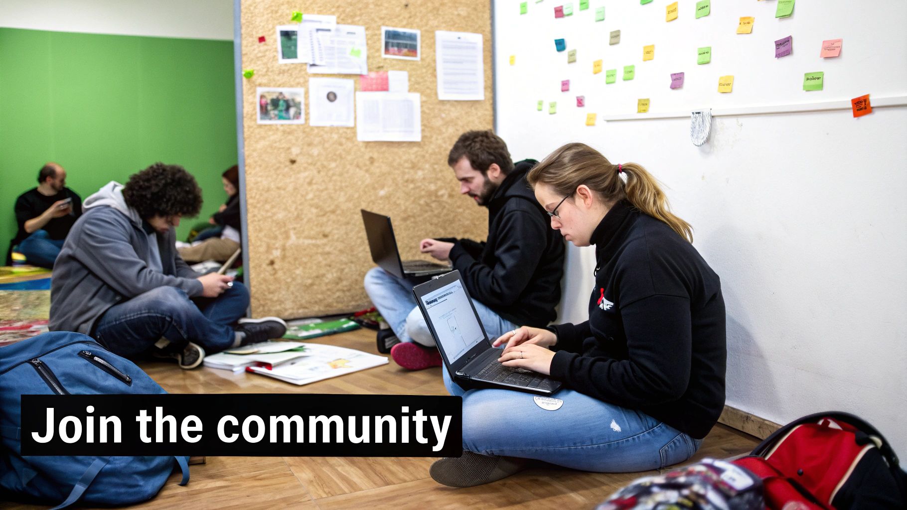 Young adults sit on the floor, using laptops and phones in a casual community workspace.