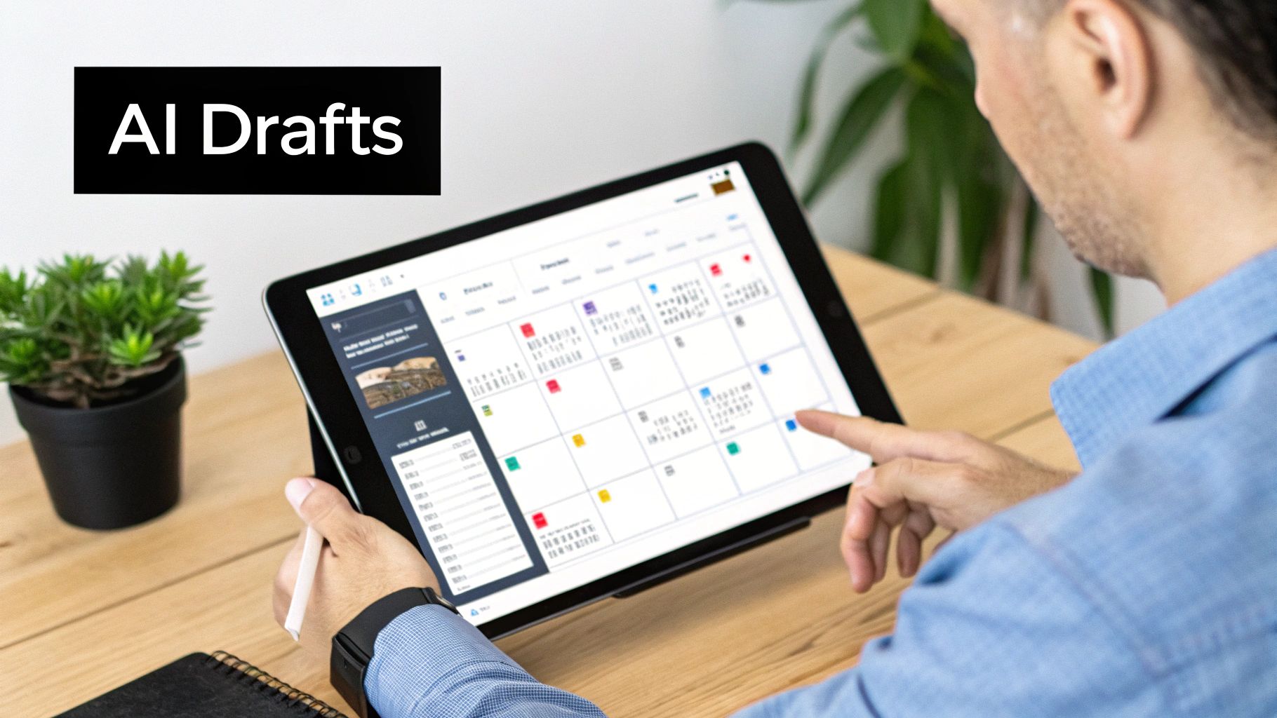 A man interacts with a digital calendar on a tablet, planning social media posts.