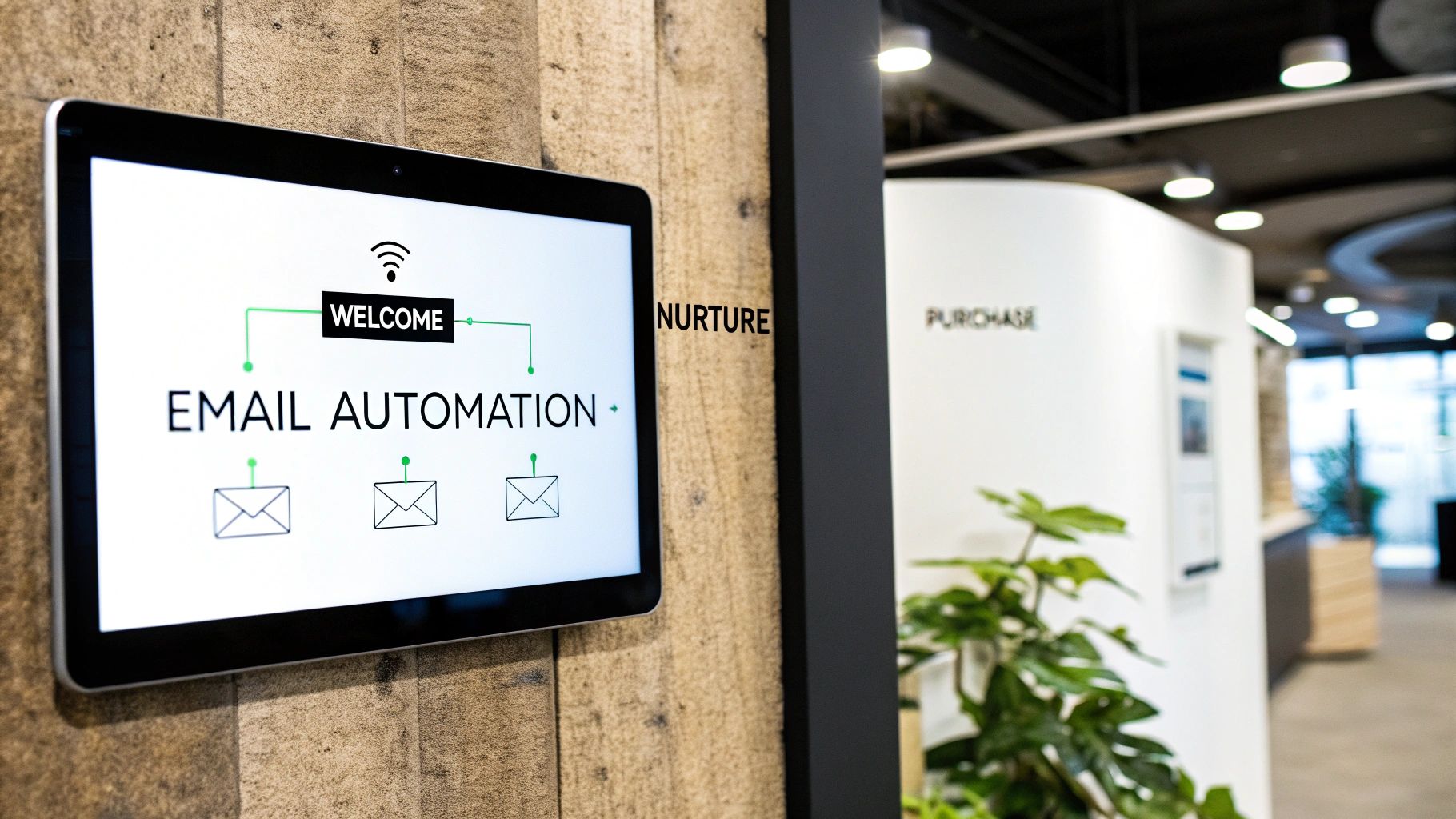 A tablet screen shows an email automation flow with 'Welcome' and email icons, next to 'Nurture' and 'Purchase' signs.
