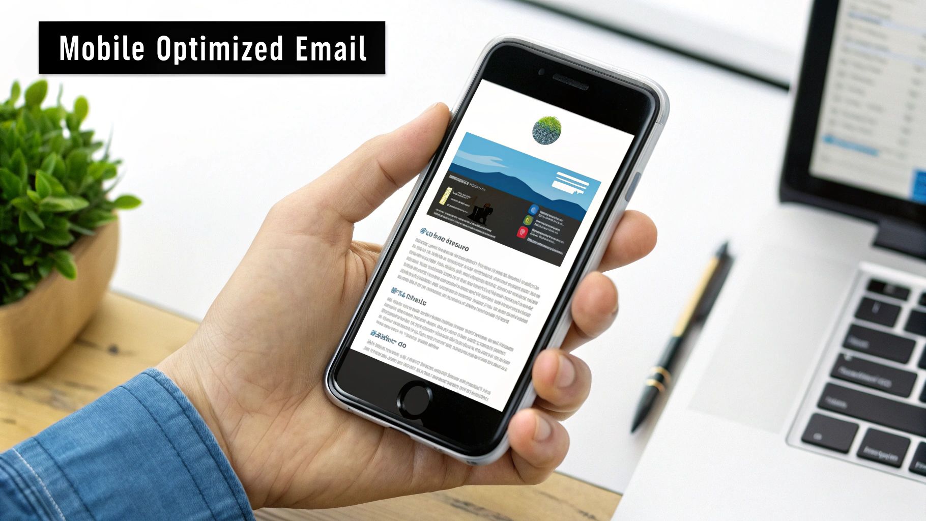 A hand holds a smartphone displaying a mobile-optimized email, with a laptop and plant in the background.