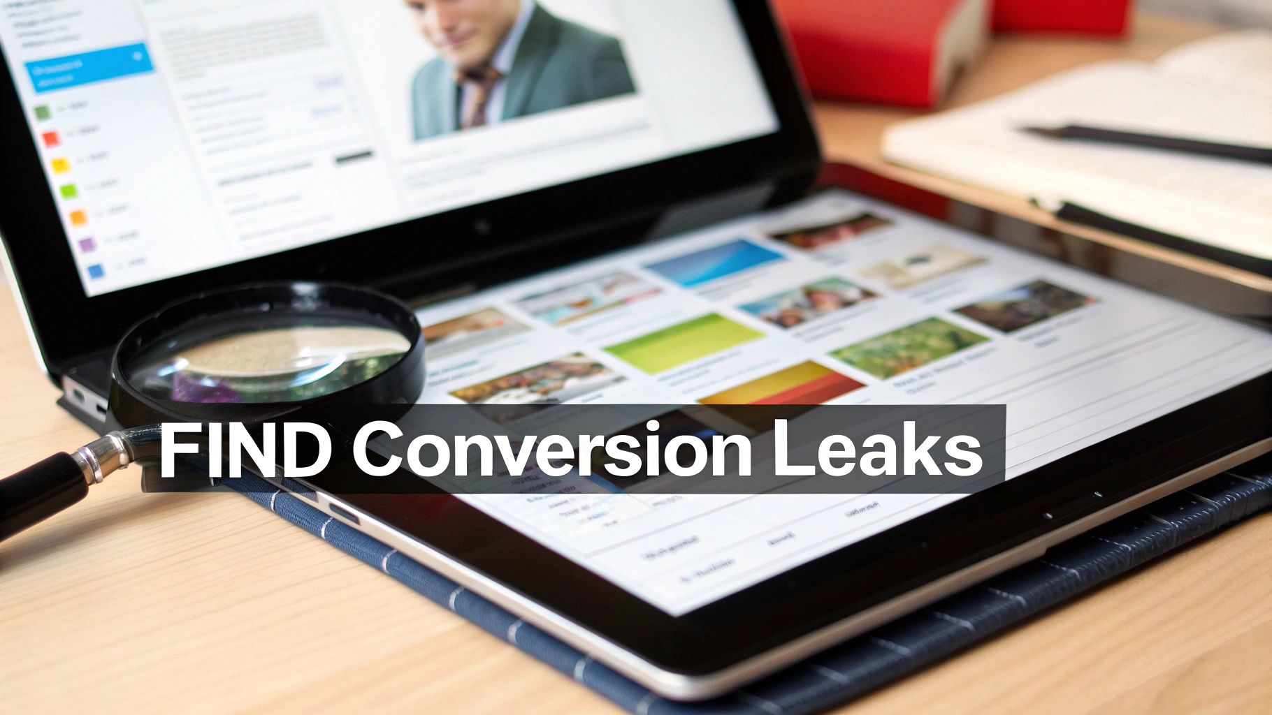 Laptop, tablet, and magnifying glass on a wooden desk with 'FIND Conversion Leaks' text overlay.