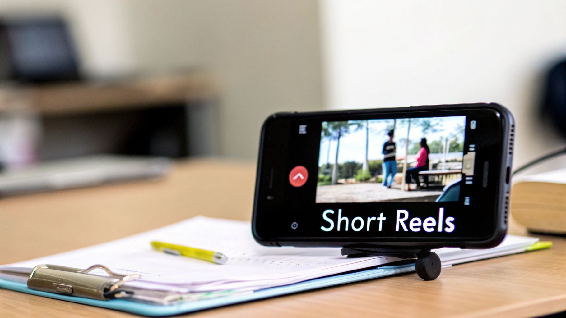 A smartphone displays 'Short Reels' video content, resting on a desk with a clipboard and pen.