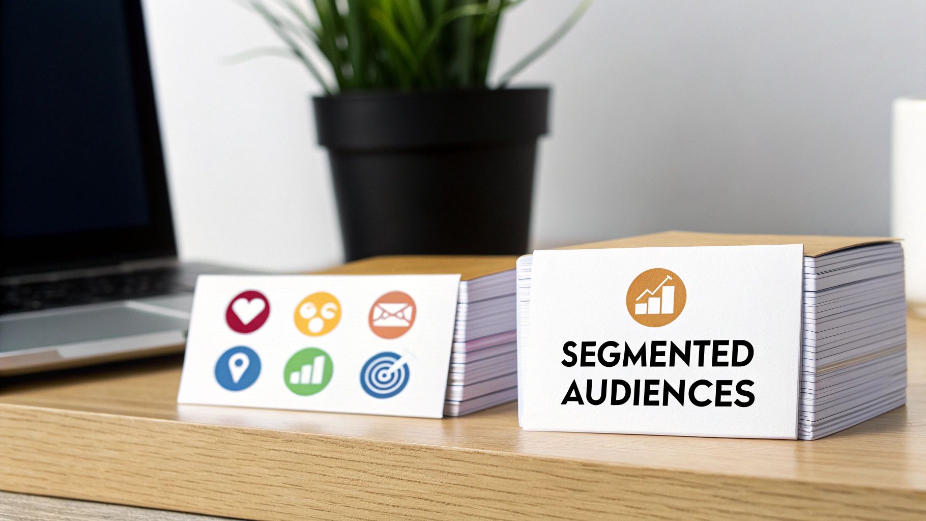 Two stacks of cards on a wooden desk, one displaying 'SEGMENTED AUDIENCES' with a growth icon.