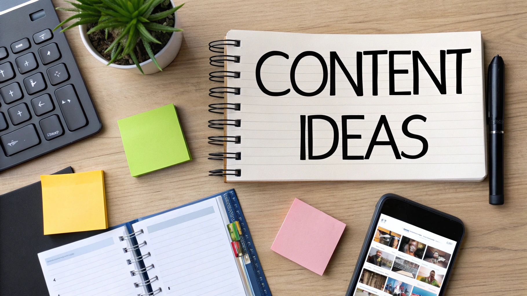 A flat lay of a desk with a notebook showing 'CONTENT IDEAS', keyboard, smartphone, and office supplies.