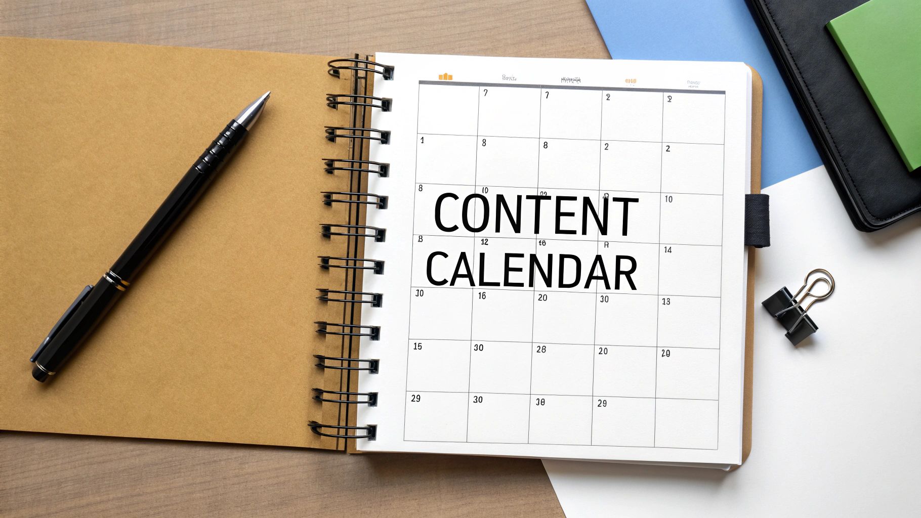 Overhead view of a desk with an open content calendar notebook, pen, and office supplies.