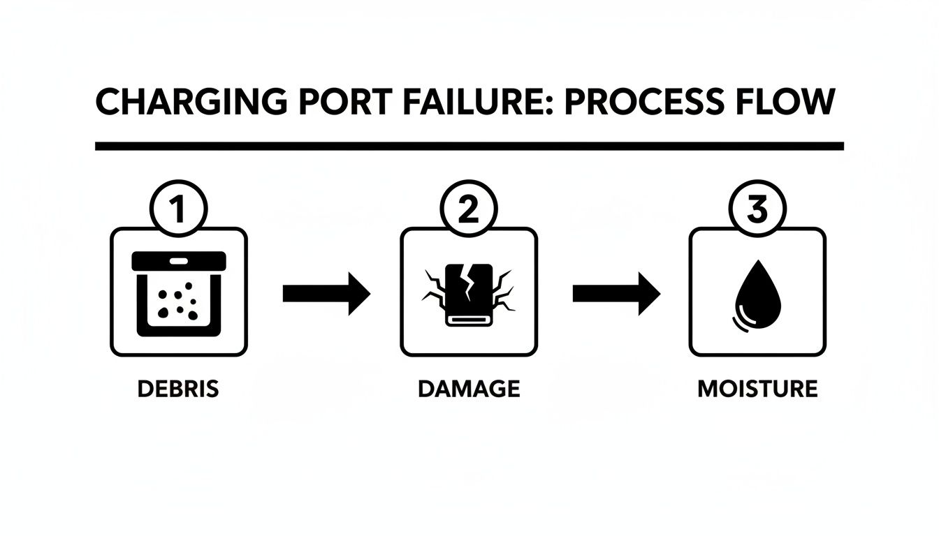 A visual process flow illustrating charging port failure: debris, followed by damage, then moisture.