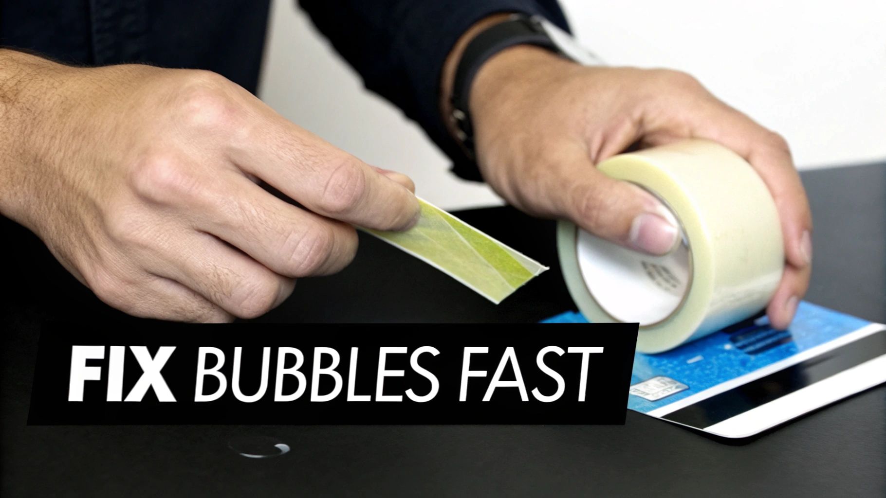 Close-up of hands using clear tape to smooth out bubbles on a blue card, with text 'FIX BUBBLES FAST'.