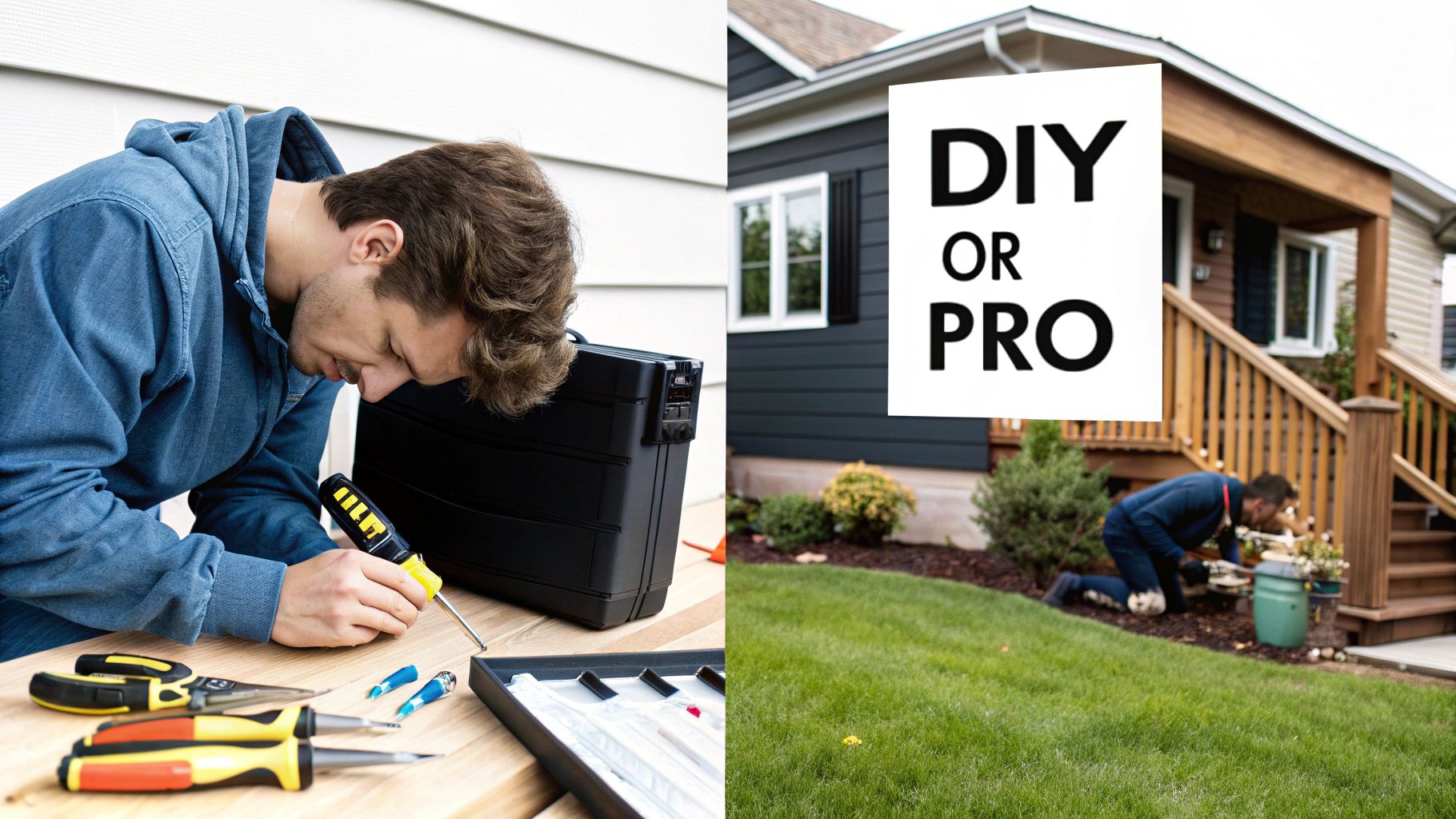 A man repairs an item with tools next to a house with a 'DIY or PRO' sign, depicting home improvement choices.