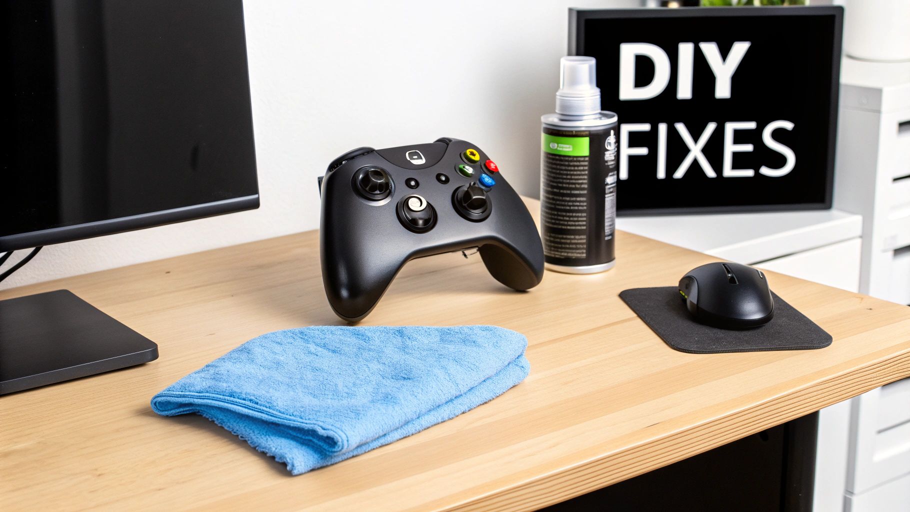 A desk with a black gaming controller, cleaning spray, mouse, and blue microfiber cloth for DIY fixes.