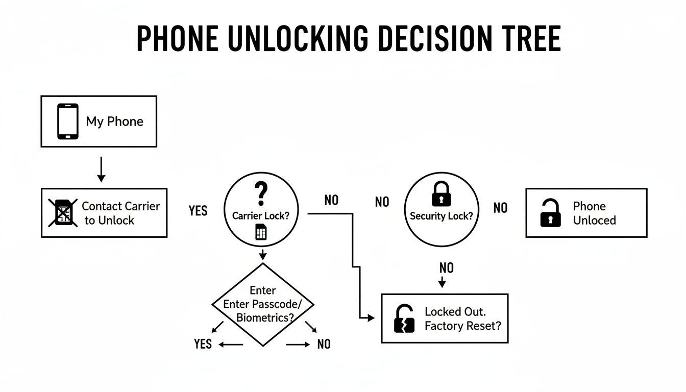 A flowchart illustrating a phone unlocking decision tree, covering carrier and security locks.