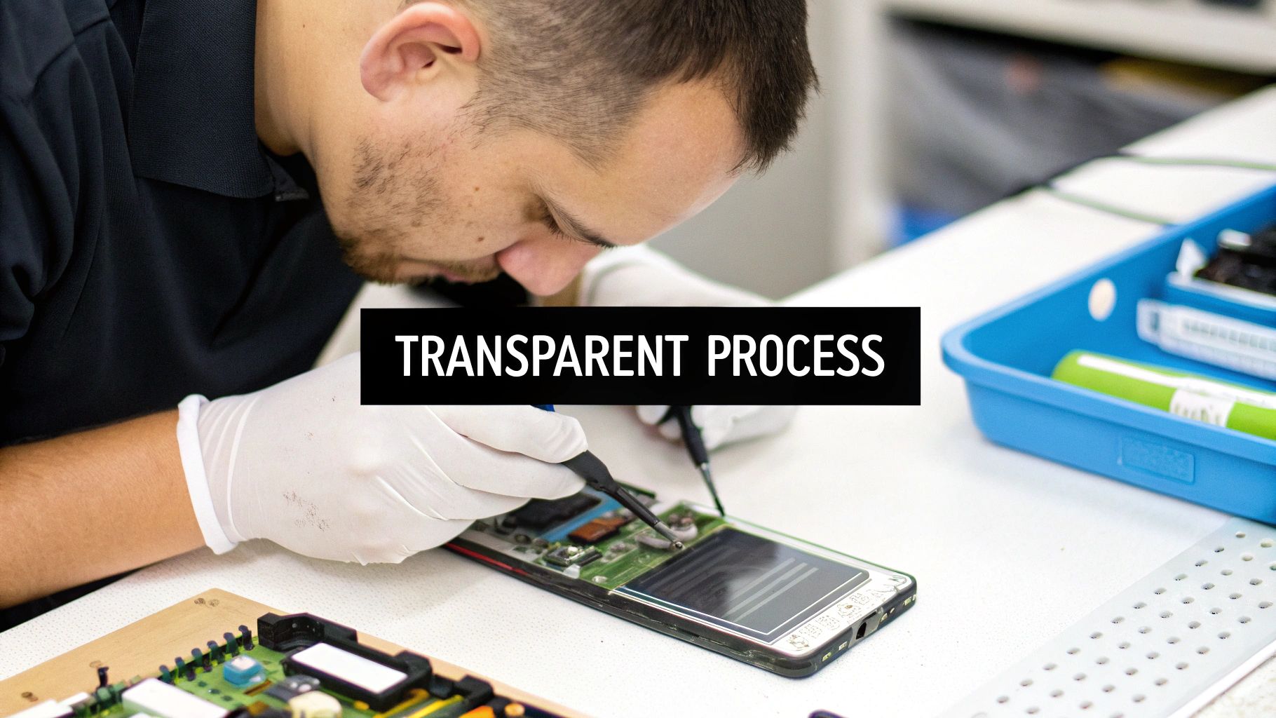A technician in white gloves meticulously repairs a smartphone circuit board on a white workbench.