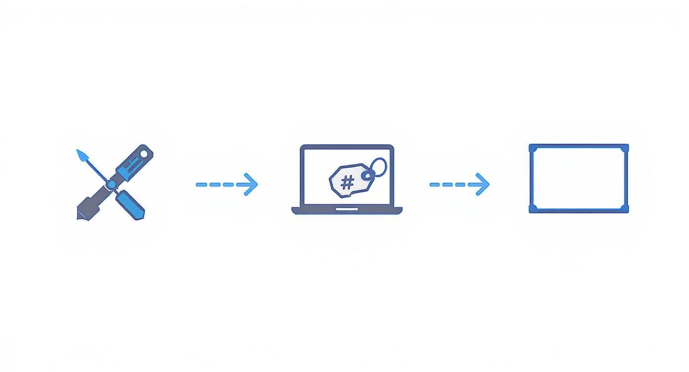 Three-step process diagram showing tools, laptop with price tag, and completed screen replacement workflow