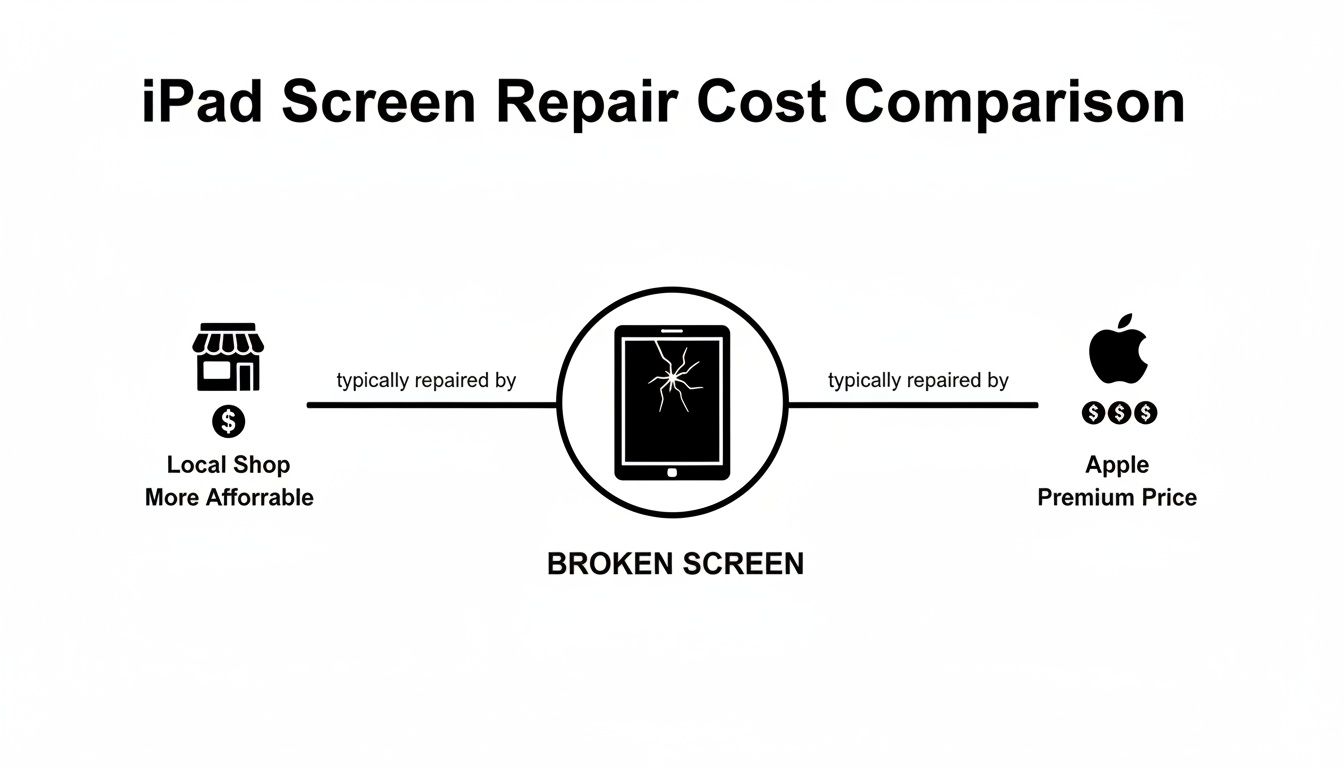 Infographic comparing iPad screen repair costs by local shops (more affordable) versus Apple (premium price).