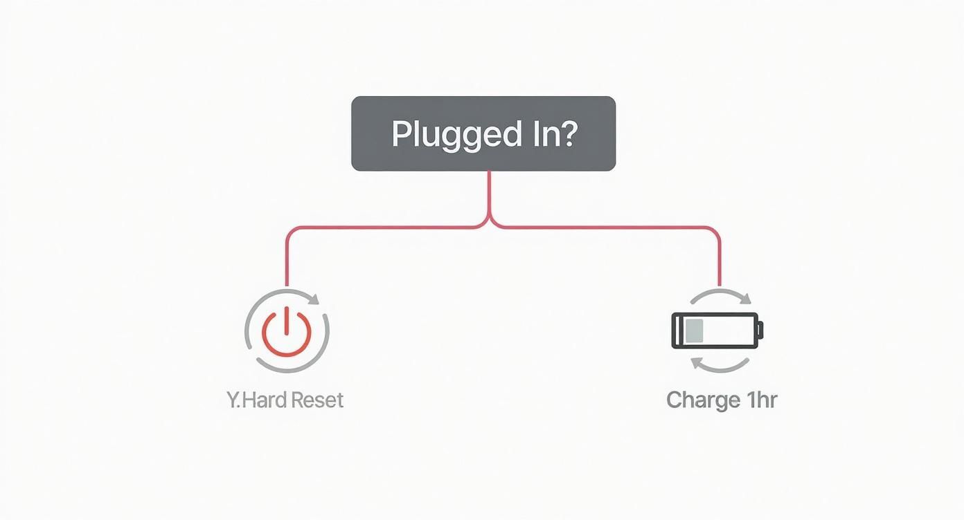 Troubleshooting flowchart for Nintendo Switch showing hard reset and charging solutions when device won't turn on