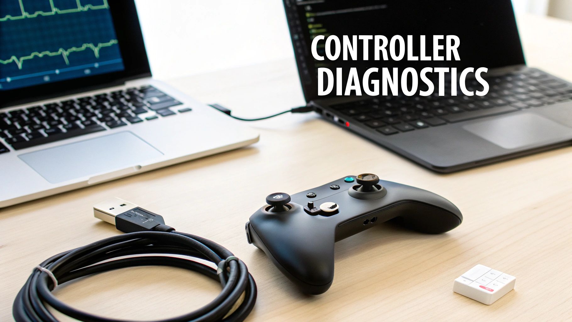 A black game controller, USB cable, and laptops on a wooden desk displaying controller diagnostics.