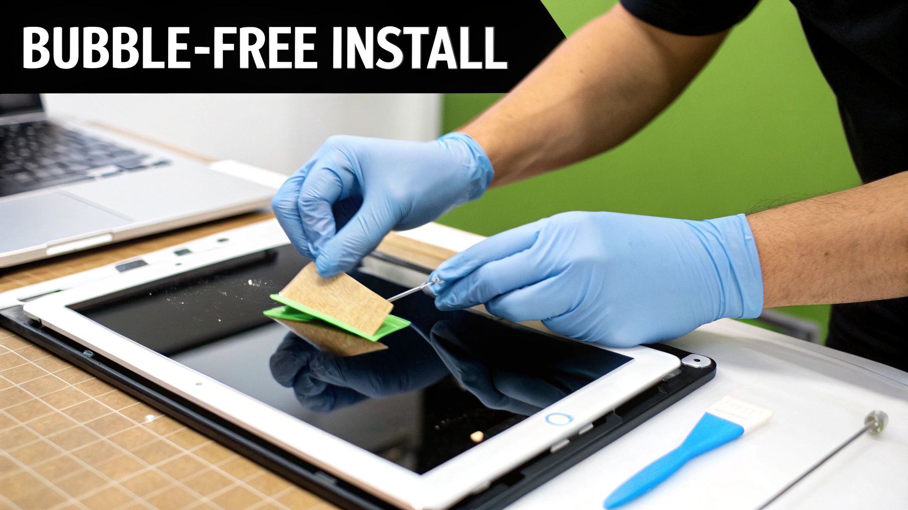 Gloved hands preparing a tablet screen for a bubble-free protector installation.