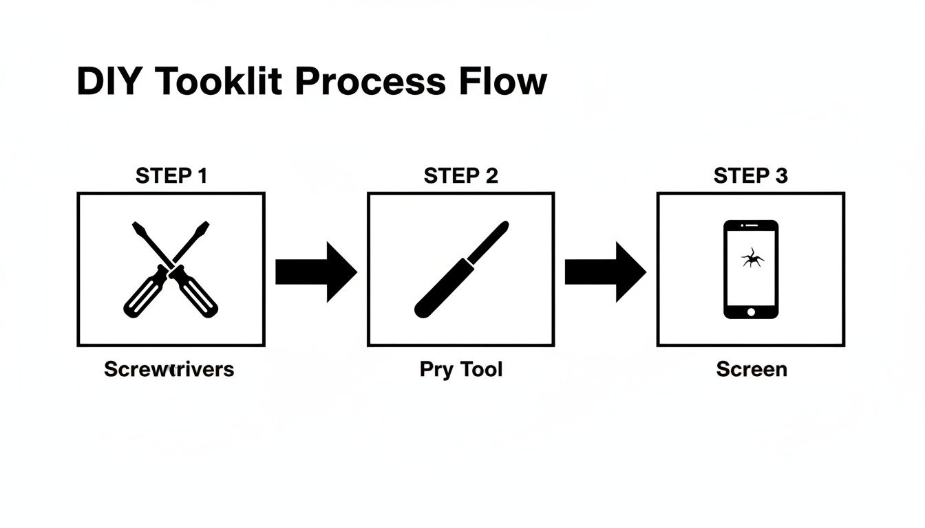 A DIY toolkit process flow diagram showing steps to repair a screen using screwdrivers and a pry tool.