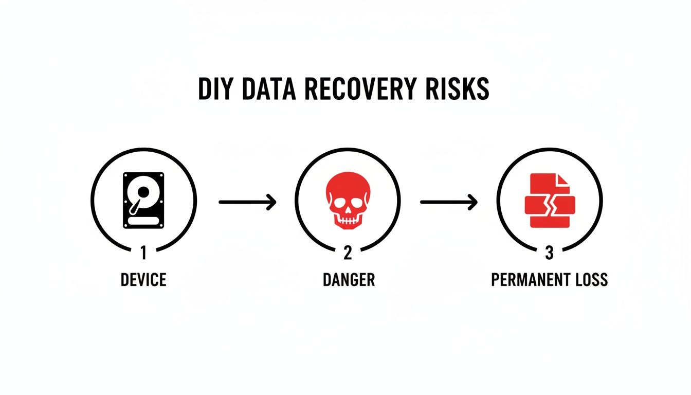 Illustrative diagram detailing the risks associated with DIY data recovery attempts and potential permanent loss.