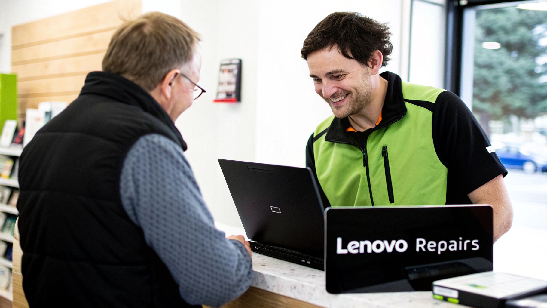 A smiling technician assists a customer with a Lenovo laptop at a service desk.