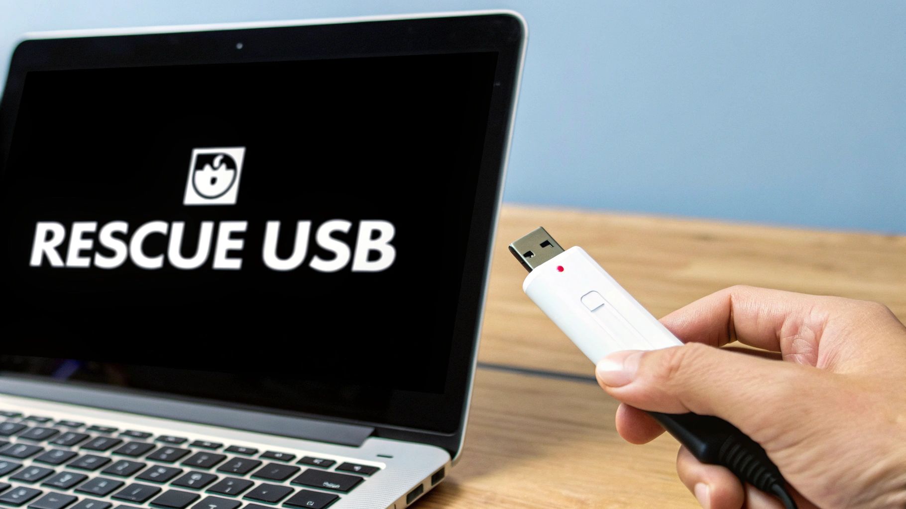A person inserting a USB drive into a laptop, representing the creation of a bootable rescue scanner.